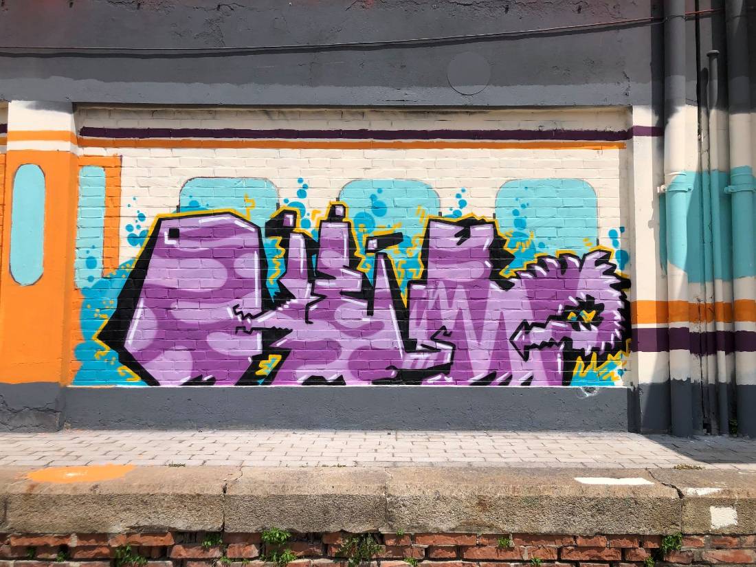 Un pezzo di graffiti viola e azzurro dipinto sul muro del Ravone, sopra un fondo che richiama le livree dei treni
